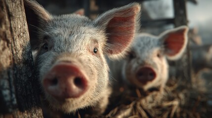 Two adorable piglets gazing towards the camera, creating a charming and intimate moment. The composition captures the innocence and curiosity of these young animals