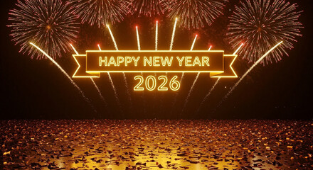 Happy New Year 2026: A dazzling display of fireworks illuminates the night sky, heralding the arrival of 2026. Golden confetti blankets the ground, celebrating hope and fresh beginnings.