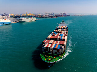 shipping cargo logistic, container ship carrying in sea import export goods and distributing...