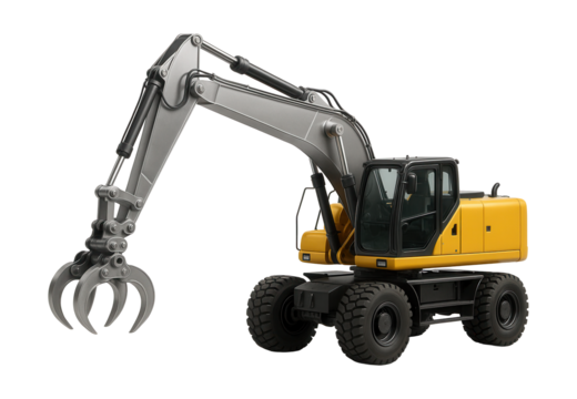 Wheeled excavator with extendable boom and hydraulic claw attachment