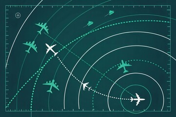 Abstract Radar Display with Aircraft and Flight Paths on a Dark Background