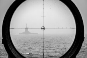 Focused View of Vessel Through Gun Sight in Foggy Sea Environment