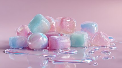 A beautiful pile of colorful ice cubes resting on a wet surface
