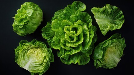 Fototapeta premium Fresh green lettuce heads and leaves arranged artfully against a dark backdrop