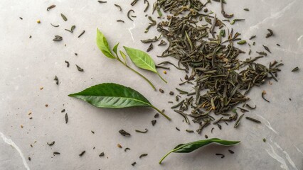 Fresh Green Tea Leaves and Loose Tea on Marble Surface for Culinary Use