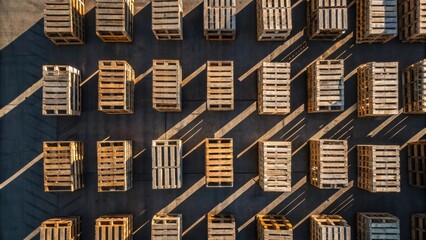 Aerial View of Wooden Pallets Arranged on Warehouse Floor in Geometric Pattern