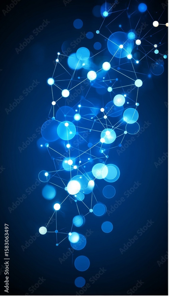 Poster digital data network with interconnected nodes representing modern communication technology trends.