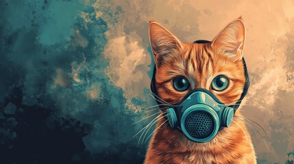 Ginger cat wearing gas mask in a toxic environment