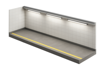 Underground platform with tiled walls and fluorescent lighting