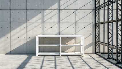 Modern Minimalist Interior with White Table Against Concrete Wall and Glass Windows