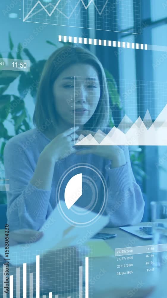 Poster animation of financial data processing over diverse colleagues discussing work in office