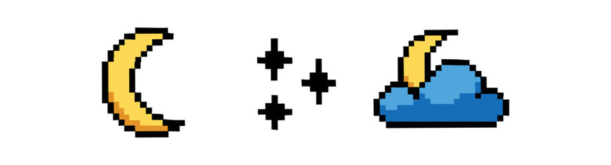 Pixel art moon and stars with cloud illustration