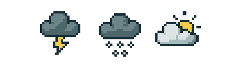 Pixel art weather icons - lightning, rain, thunderstorm clouds