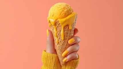 A person holding a yellow ice cream cone, a sweet treat to cool off on a hot day. The ice cream is melting and dripping down the cone