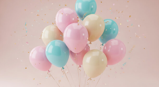 Pastel-colored balloons and confetti on a pink background, creating a festive and celebratory image, showcasing a joyful and lighthearted mood, perfect for greeting cards or party invitations
