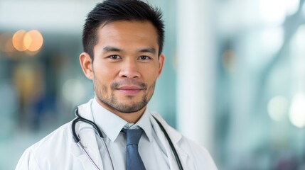 Confident doctor portrait smiling at camera, wearing a lab coat and stethoscope, medical healthcare professional