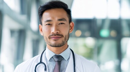 A close-up portrait of a confident and professional doctor, captured in a healthcare setting. The doctor is wearing a stethoscope around his neck