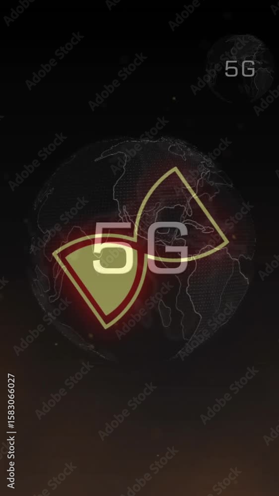 Poster animation of loading hourglass over globes with 5g on black background