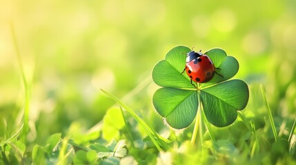 Lucky ladybug on a four-leaf clover