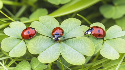 Three ladybugs resting on green clover leaves in natural sunlight. The ladybugs' striking red shells with black spots create a vivid contrast against the lush green backdrop.