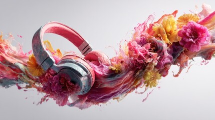 Stylish pink headphones surrounded by a vibrant burst of colorful flowers and flowing fabric, a sensory delight