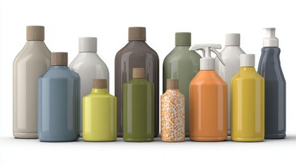 Variety of colorful bottles of different shapes and sizes. Perfect for product showcasing and packaging designs.