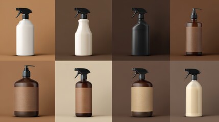 Variety of cleaning bottles with spray nozzles arranged on a table against a color background