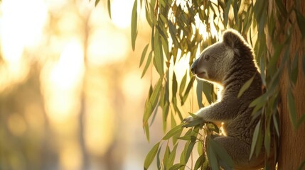 A koala perched in a tree, illuminated by the golden light of the setting sun. It is surrounded by eucalyptus leaves, the sunlight creating a warm glow.