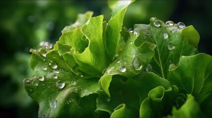 Vibrant green lettuce with glistening water droplets, conveying freshness and vitality. The delicate leaves are illuminated, emphasizing their natural texture and color.