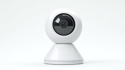 White security camera on a stand against a white background. The camera is round with a black lens.