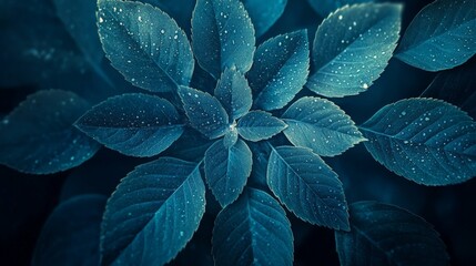 Dew drops adorning vibrant blue leaves in lush natural setting