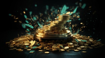 Isolated growth money on a translucent 3d podium with financial success and investment charts