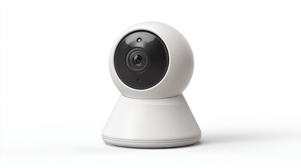 A modern security camera capturing clear imagery. It is a stylish and functional device designed for home or office use, showcasing surveillance technology.