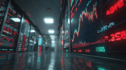 An eerie perspective of the stock market trends displayed on numerous screens. Data streams along a narrow passage, creating a unique atmosphere