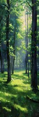 Obraz premium A serene forest scene during a bright sunny day, featuring tall trees with vibrant green leaves and sunlight streaming through the canopy. The grassy forest floor is lush and inviting, with scattered 