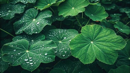 Fresh Green Leaves with Water Drops Glimmering in Natural Light and Soft Focus