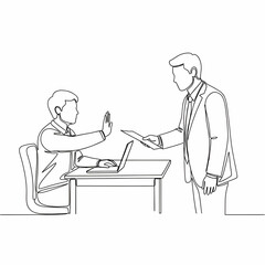 Two Businessmen Engaging in Meeting with Laptop and Document in Modern Office Setting, One Man Raising Hand for Attention and Discussion