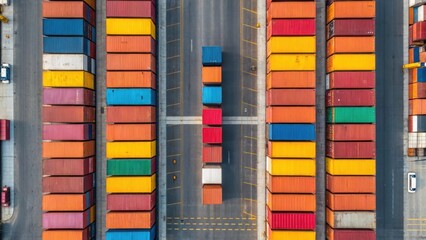 Aerial view of colorful shipping containers stacked in a busy cargo port