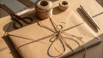 Rustic Craft Supplies with Wrapped Package, Twine, Scissors, and Stationery Items