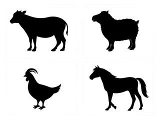Silhouettes of farm animals including a cow sheep chicken and horse