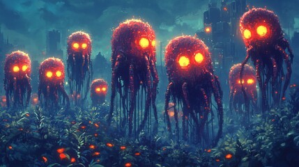 Glowing red alien creatures invading futuristic city at night