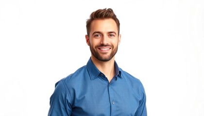 Fototapeta premium Smiling man with beard in a blue shirt, isolated on a white background