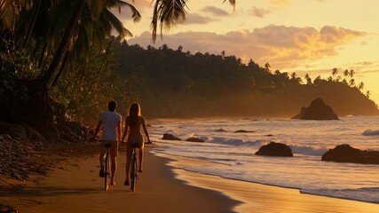Couple biking on a beach at sunset
