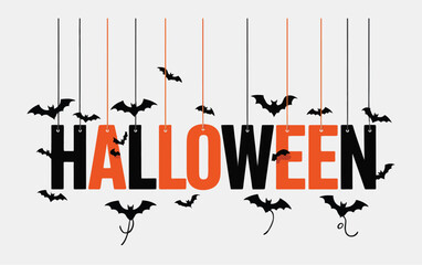 Fototapeta premium HALLOWEEN Hanging Letters with Flying Bats – Spooky Banner Design, Halloween Party Decoration, Scary Text Art for Holiday Poster, Card, or Digital Use