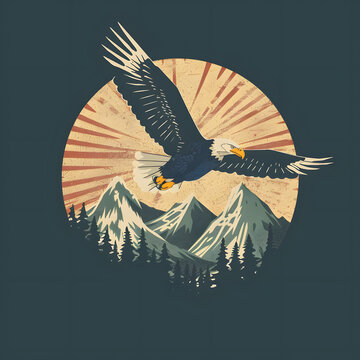 Artistic illustration of a soa eagle with detailed feathers, set against a circular background featu mountain peaks and radiating sunburst design