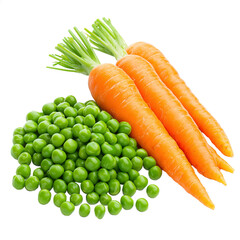 Fresh raw carrots and green peas isolated on a transparent background. Ideal for food packaging design, healthy eating concepts, and cooking-themed projects.