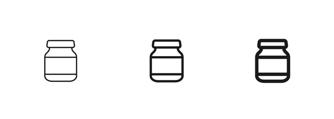 Glass food jar with a lid in thin, regular, and bold outline. Container for baby food puree, jam, honey, spread, fruit and vegetable conserves. For web design, mobile app, ui ux. Vector illustration