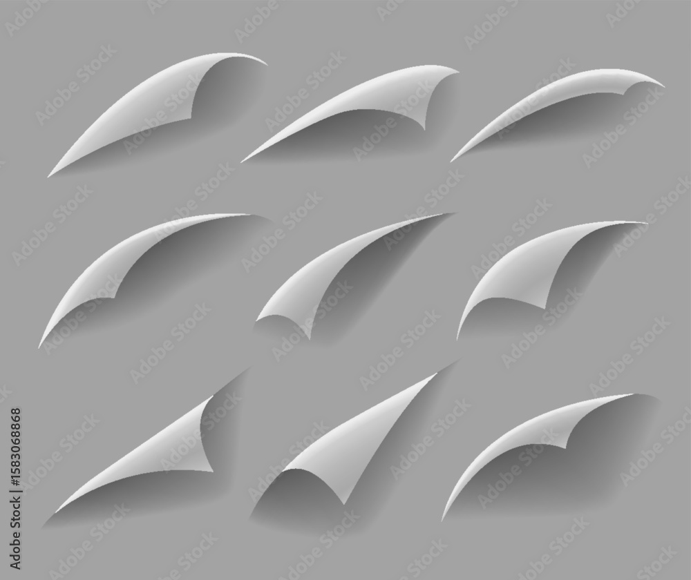 Poster curled paper corners. curve page corner, pages edge curl and bent papers sheet with realistic shadow