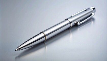 Fototapeta premium Polished chrome ballpoint pen on a reflective surface