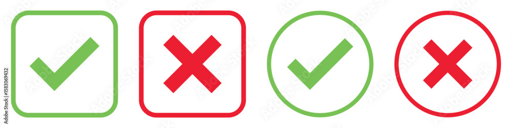 Poster set green approval check mark and red cross icons in circle and square, checklist signs, flat checkm